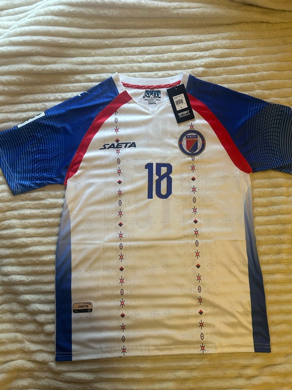 Men's Haiti White & Blue Soccer Jersey by - Number 18
